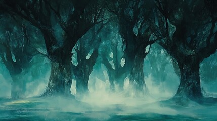 Enchanted Forest Depiction: A Mystical Landscape with Ancient Trees and Ethereal Mist