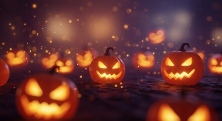 Spooky Halloween Jack-o'-lanterns Glowing Pumpkins in a Mystical Night