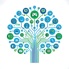 Technology Tree Concept with Circuit Connections and Digital Communication Icons"
