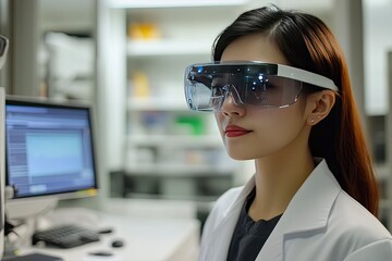 A female doctor uses augmented reality glasses to analyze a patient's condition in real time