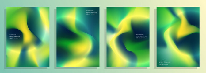 set of abstract green yellow light distorted radial gradient cover poster backgrounds design set