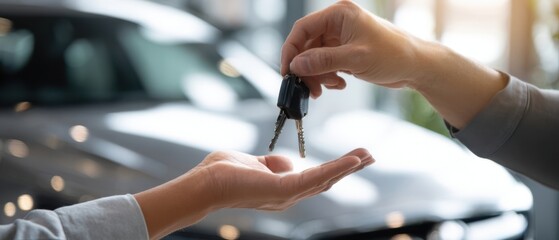 The moment of car key handover in an automotive dealership experience.