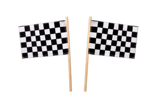 Two checkered racing flags on wooden sticks