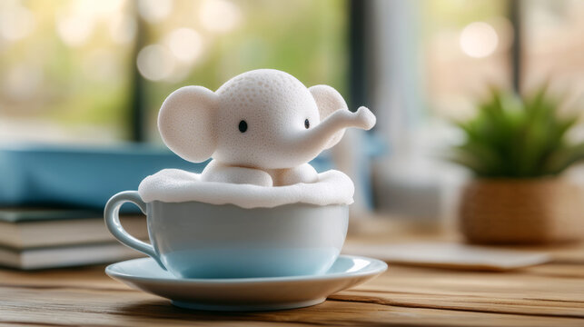 Cute toy elephant figurine sitting in a teacup surrounded by a cozy domestic setting - Powered by Adobe