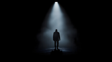 Mysterious silhouette of a man walking on the street night. Spotlight street lights in the middle of the dark night