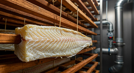 Icelandic Cod Drying Tunnels. salted cod hanging in geothermal-powered drying chambers, air circulation systems 