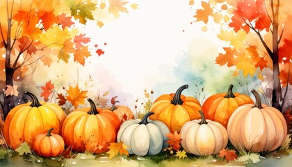 Naklejka premium Watercolor Autumn Scene with Pumpkins and Colorful Leaves for Seasonal Decor