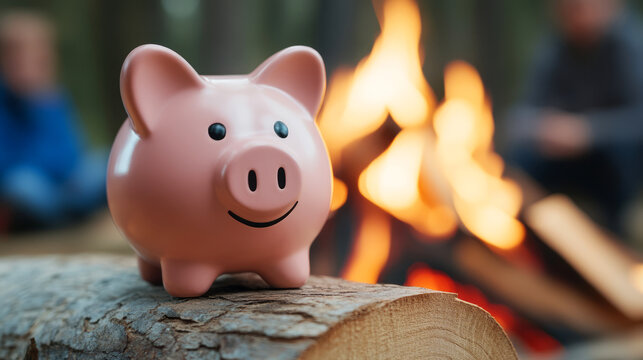 Piggy Bank on Log with Campfire in Background, Symbolizing Savings and Financial Goals
