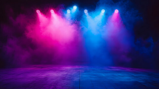 Neon dark stage shows empty room neon light, spotlights, dark blue, purple, pink background - dance floor for product display in studio