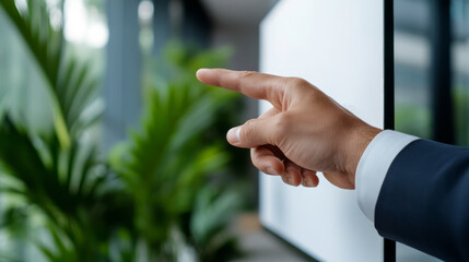 Business Professional Pointing at Blank Screen in Modern Office with Green Plants in Background