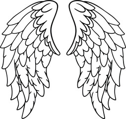 Angelic feathered wings spread wide white black outline