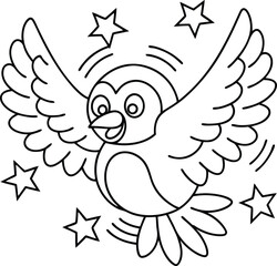 Fototapeta premium Cheerful bird with wings spread surrounded by stars flying happy