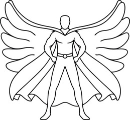 Muscular figure with outstretched wings and flowing cape superhero winged