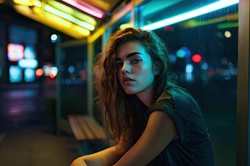 A woman fidgeting nervously at a bus stop under neon lights rim lighting from overhead signage casting colorful