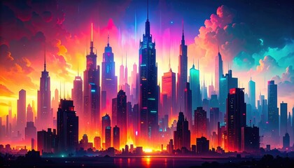 Obraz premium Vibrant Futuristic City Skyline At Sunrise
