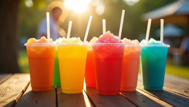 Refreshing cocktail drink with fruit on table in bar setting, Free Slurpee Day celebration, july 11