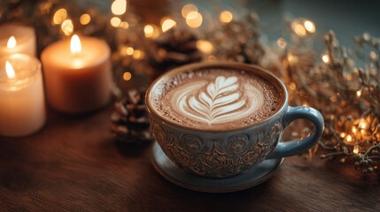 Ultra quality image of warm Latte Art with Candles and Festive Lights.