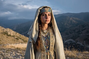A woman in traditional Kurdish dress standing in front of a mountain range with golden sunlight illuminating the