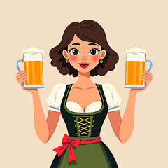 From the series "oktoberfest", girl with dirndl holds beer mugs on isolated light brown  background