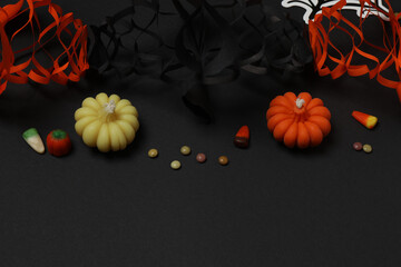 Halloween with skull, ticks, orange maple leaves, bats, spiders on black background with space for...