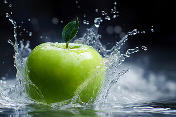 Green apple splashes in dynamic water setting Generative AI