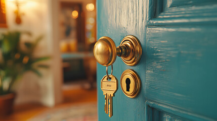Opening door with golden house key chain on fuzzy interior background and mockup for your advertisement. Homebuying idea