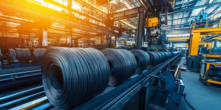 High-quality steel wire coils in a manufacturing facility Generative AI