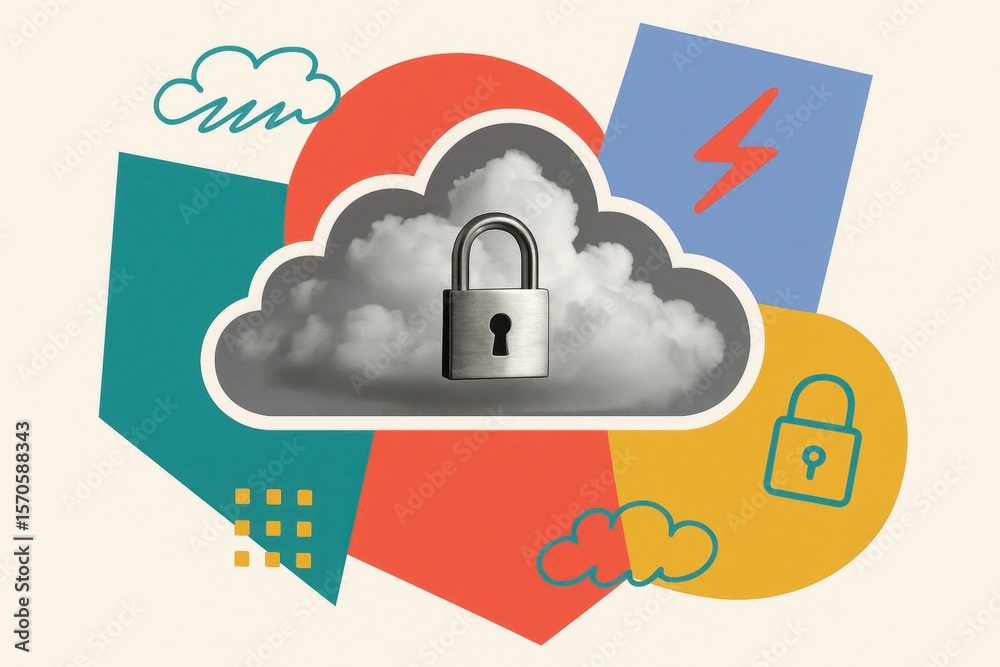 Poster modern collage with color blocks representing cloud computing security, featuring a closed padlock p
