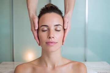 Naklejka premium A woman receiving a wellness consultation in a spa-like clinic with ambient rim lighting and soft pastel background