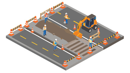 Isometric view of road construction site with workers excavator and safety cones in a street scene