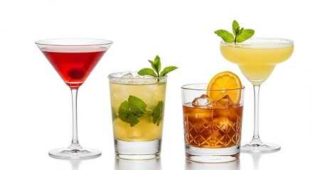 Four different cocktails isolated on white background