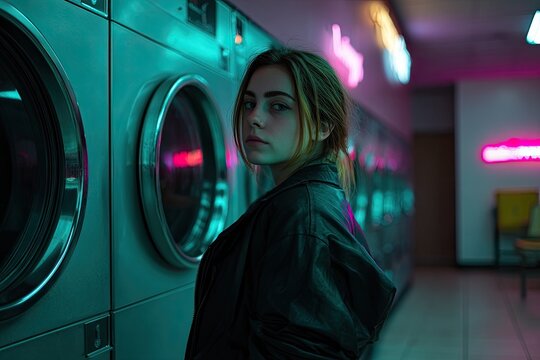 A young adult contemplating life at a laundromat neon signage reflecting off polished metal washers side lighting with