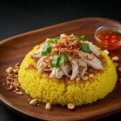Vietnamese xôi gà, sticky rice topped with shredded chicken and fried shallots,  , is arranged on teak wood platter,  , served with a side of chili oil. 