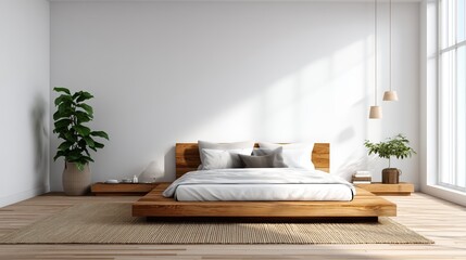 Minimalist bedroom with a low wooden platform bed, neutral tones, natural light, and green plants creating a calm, airy, and modern atmosphere.