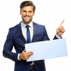 portrait of successful handsome man in suit point
