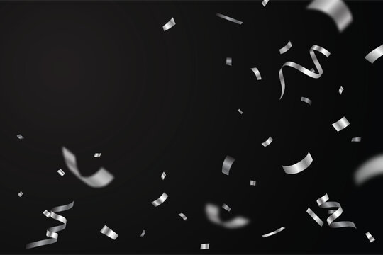 Falling shiny silver confetti and ribbons celebration party design element