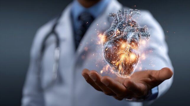 A medical professional holds a glowing holographic projection of a human heart representing the role of empathy and technology in modern healthcare