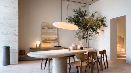 A modern dining room with a large oval stone table, wooden chairs, minimalist decor, a large hanging light, and a tall indoor tree near an open doorway.