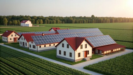Solar power for households and agriculture Modern farmhouses with solar panels set in lush green fields, promoting sustainable agriculture practices.