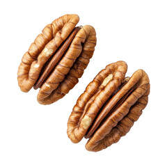 Two delicious pecan halves with their characteristic ribbed texture and rich brown coloration isolated on transparent background