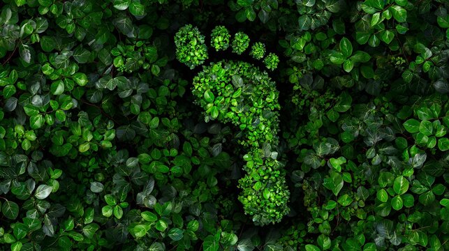 A vibrant and detailed image showcasing a footprint shaped pattern made of dense overlapping green leaves symbolizing ecological responsibility and environmental conservation