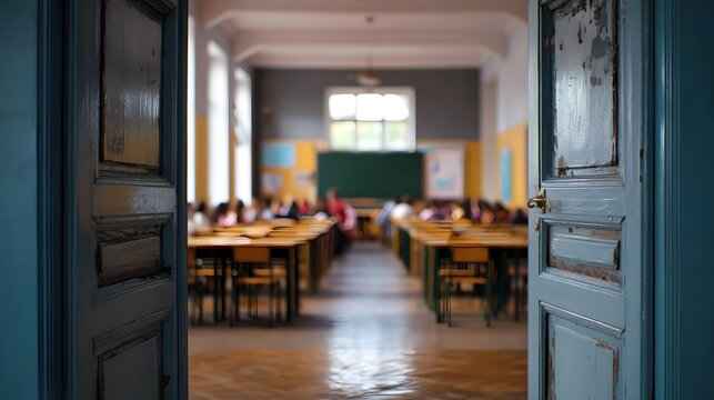 A brightly lit welcoming school classroom with open doors symbolizing equal access to educational opportunities for all