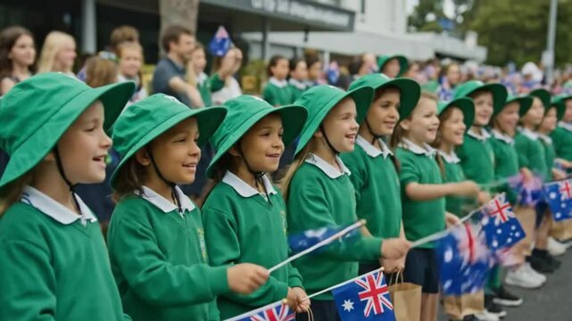 Australian School Children Waving Flags at National Celebration Parade, Patriotic Kids in Uniform Showing National Pride