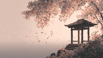 Japanese traditional shrine, autumn leaves gently falling nearby