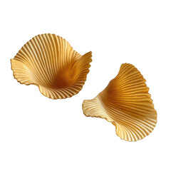Two wavy golden potato chips with ribbed texture and ruffled edges isolated on transparent background