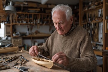 An elderly man building a model ship at his workbench strong task lighting emphasizing tools and details subtle