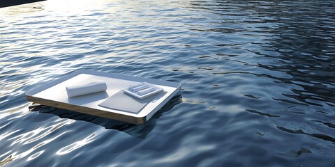 Floating serenity: towels on a tray adrift in calming ocean water for spa retreat