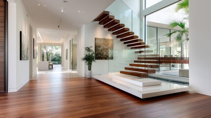 Modern interior with floating wooden staircase, glass railings, and natural light enhancing the spacious, minimalist design and indoor plant accents.