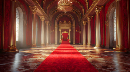 Red carpet leading to a king thrones inside of the palace castle