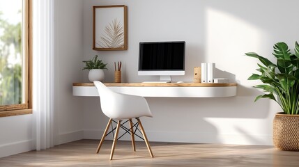 Minimalist home office with a floating desk, modern chair, computer, plant, and natural light creating a calm and organized workspace.